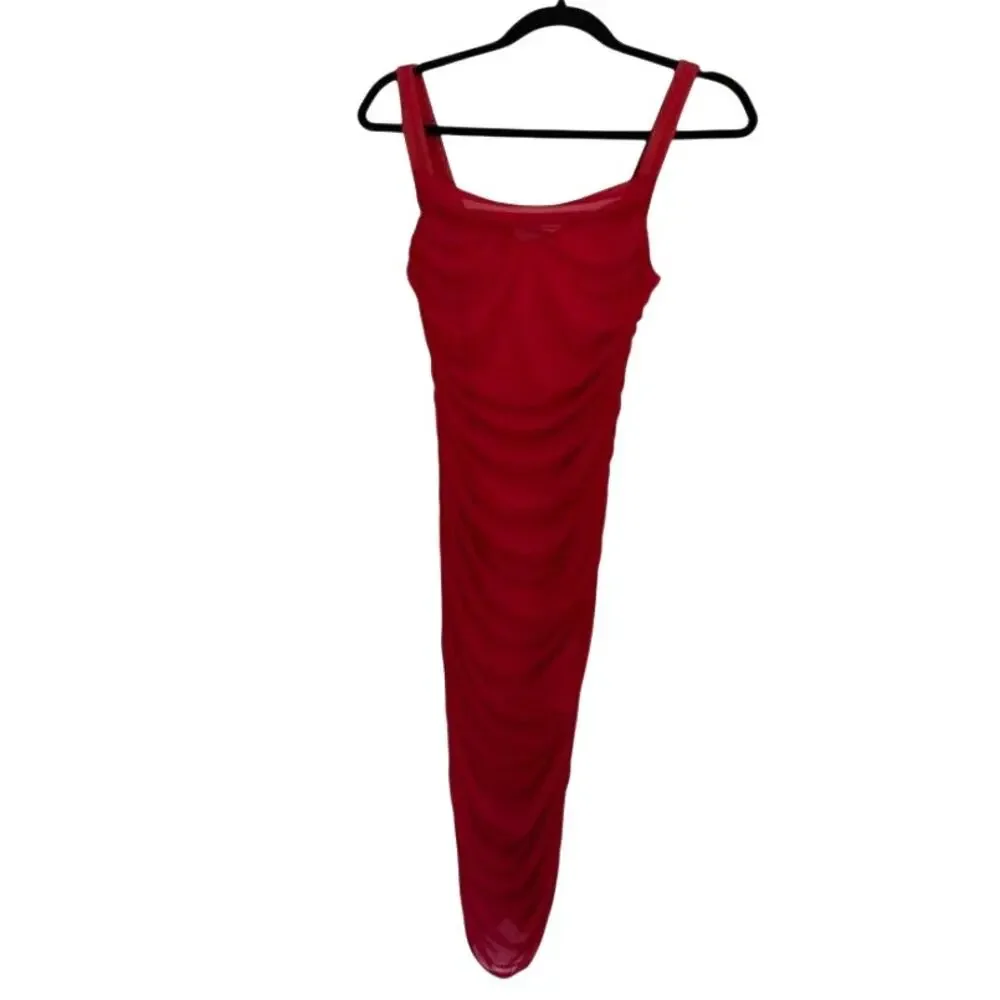 Majorelle Red Off Shoulder Ruched Bodycon Midi Dress S